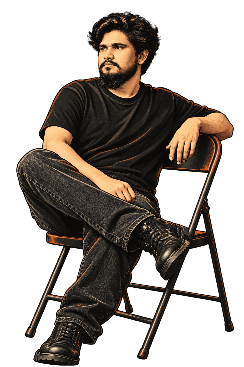Editorial illustration of Sifat with wavy hair and a beard, seated cross-legged on a folding chair